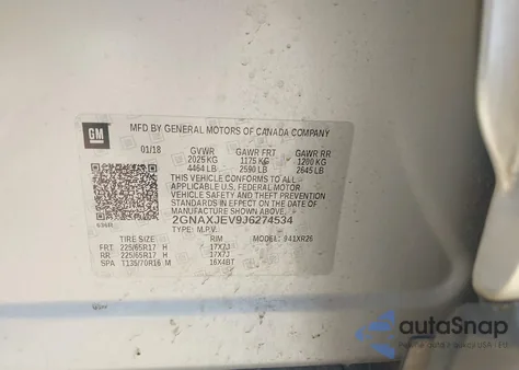 2018 Chevrolet Equinox Lt z USA, uszkodzony, nr VIN 2GNAXJEV9J6274534